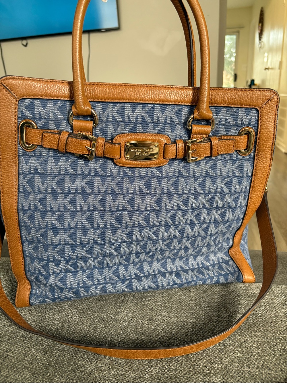 Michael Kors Blue Logo Canvas Tote with Brown Leather Trim